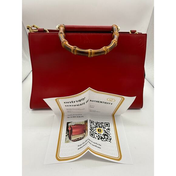 Gucci  Nappa Bamboo Web Medium Nymphaea Top Handle Bag Hibiscus Red*w/COA - Picture 7 of 16